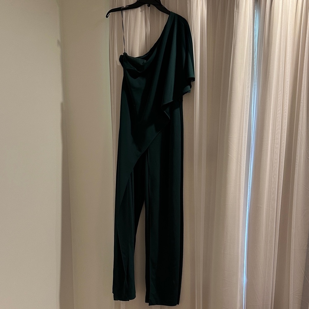 Adrianna Papell One-Shoulder Dark Green Jumpsuit